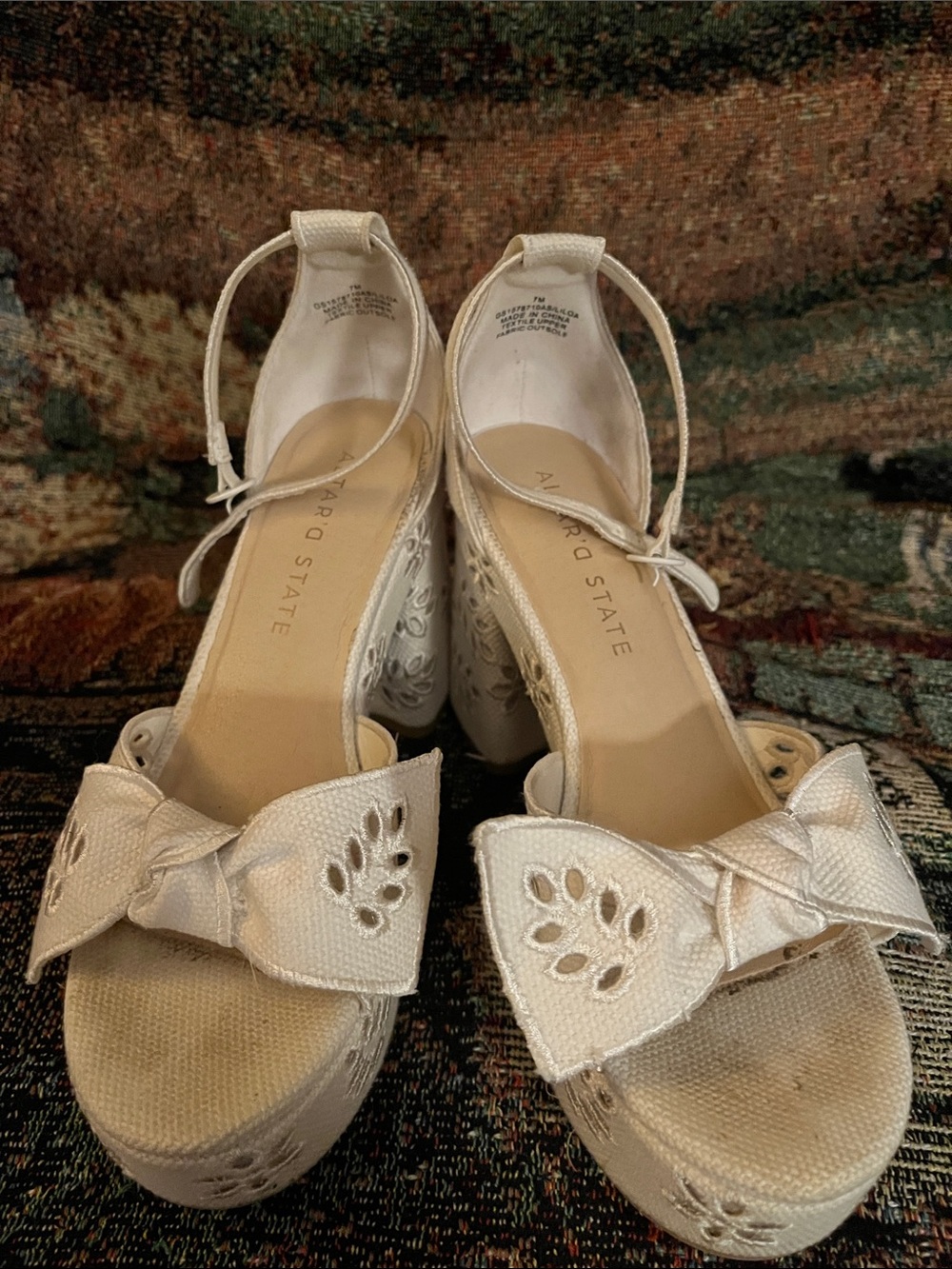 Altar'd State Ivory Embroidered Bow Platform Sandals